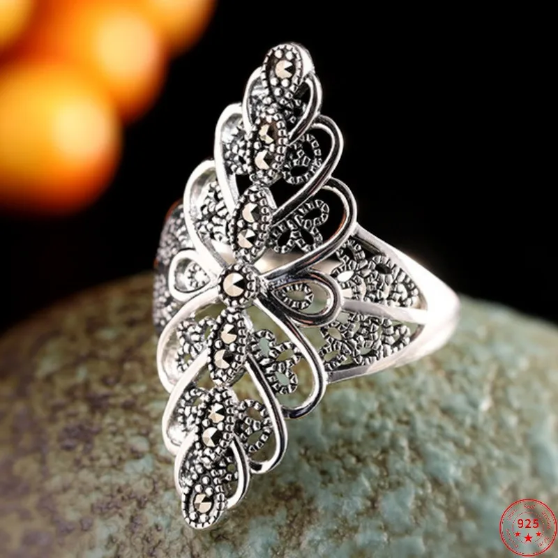 S925 Sterling Silver Rings for Women New Fashion Hollow Eternal Vine Marcasite Adjustable Pure Argentum Hand Jewelry