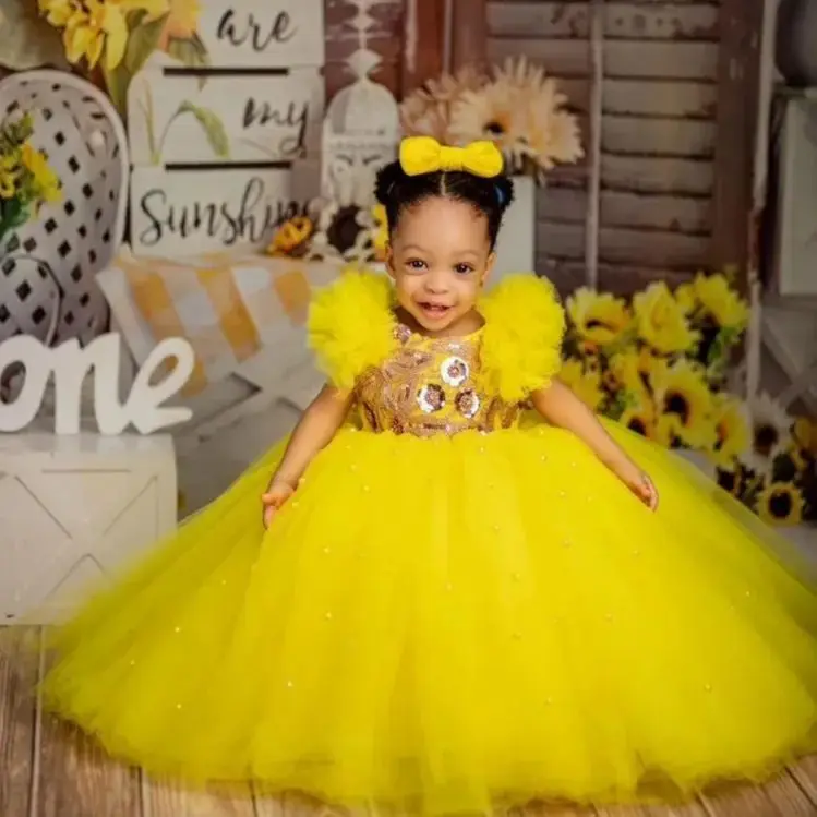 Yellow Pearls Flower Girl Dresses Customized  Sequined Kids Birthday Gowns Photos Shoot for Party Wear