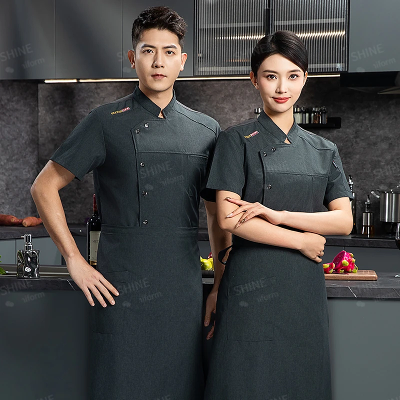 Uniforme de Chef de manga corta para hombre, chaqueta de cocina, delantal blanco, ropa de trabajo, logo, pantalones cortos de Chef, abrigo de Chef de restaurante transpirable de verano