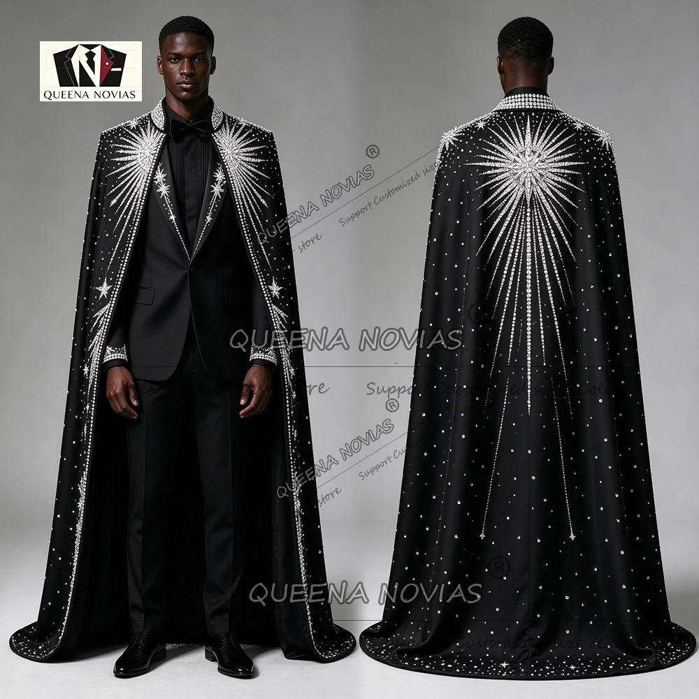 Exquisite Gothic Suits Men For Wedding Sparking Beaded Stones Prom Blazer With Cloak Customized Groom Wear Dinner Party Tuxedos
