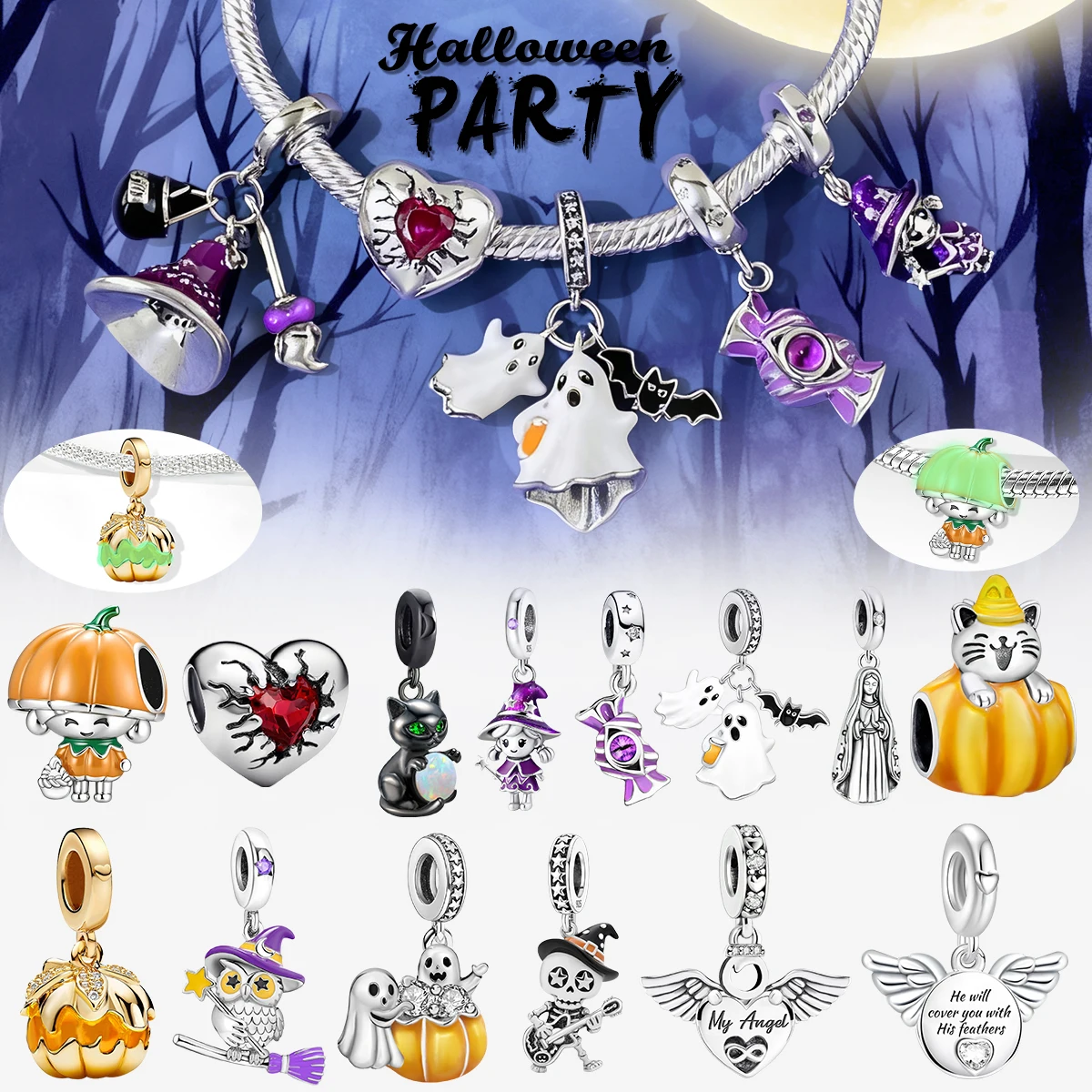 925 Silver Plated Phantom Halloween Pumpkin Charms Fit DIY M