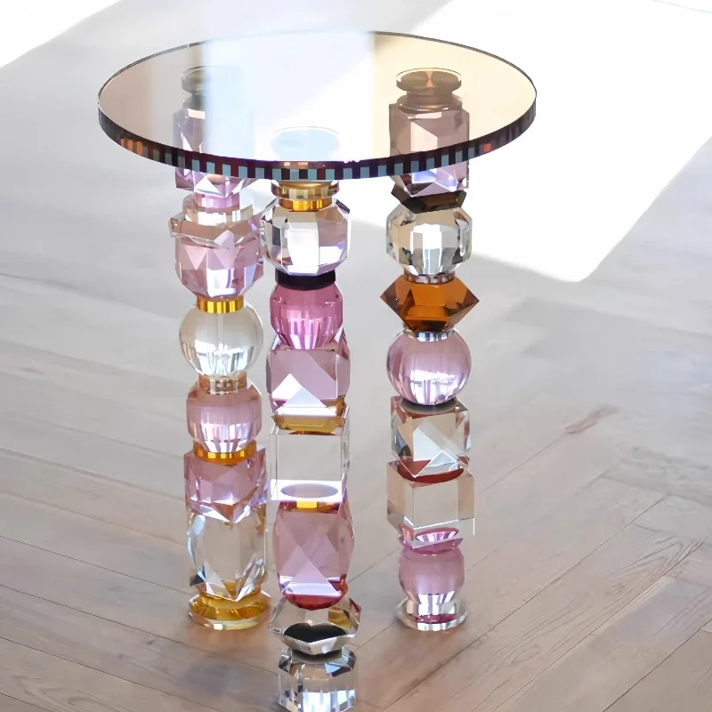 

Italian light luxury crystal sofa side table living room colored round glass coffee table designer senior creative corner table