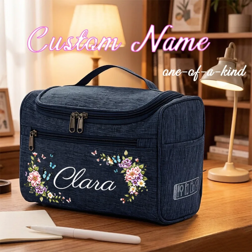 Custom Name Cosmetic Bag Floral Butterfly Print Portable Toiletry Bag With Handle Multi Pocket Personalized Makeup Storage Pouch