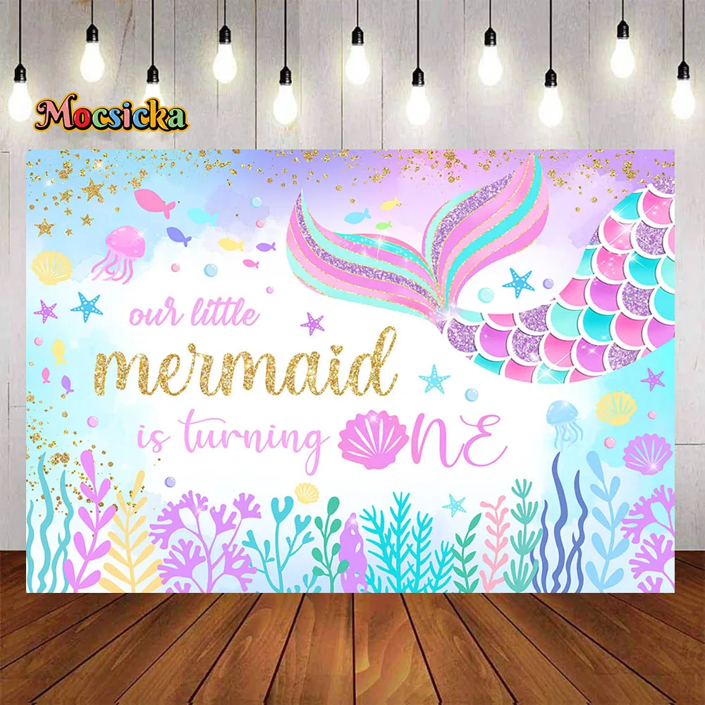 Sweet Girl Baby Show Background Blue Undersea Little Mermaid 1st Birthday Party Backdrop Banner Glitter Fishtail Shell Decor