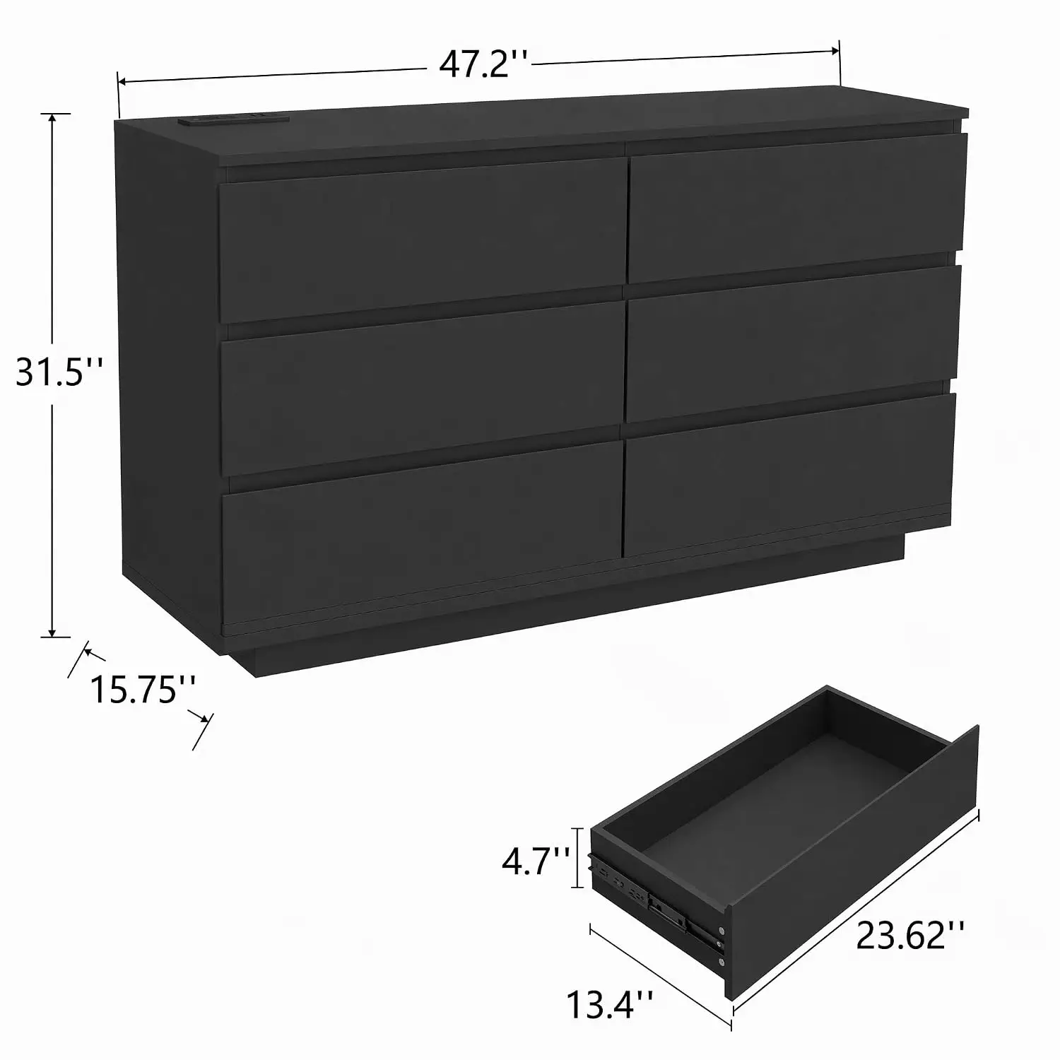 Black 6 Drawer Dresser with LED Light & Charging Station, Customized