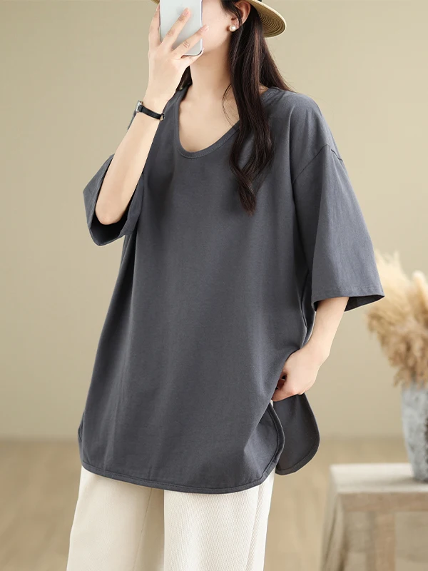 Semplice colore puro V-Ne cinque quarti Sve Midi T-irt da donna Allentato plus Size Asimmetrico Pendolarismo Sle Estate Nuovo arrivo