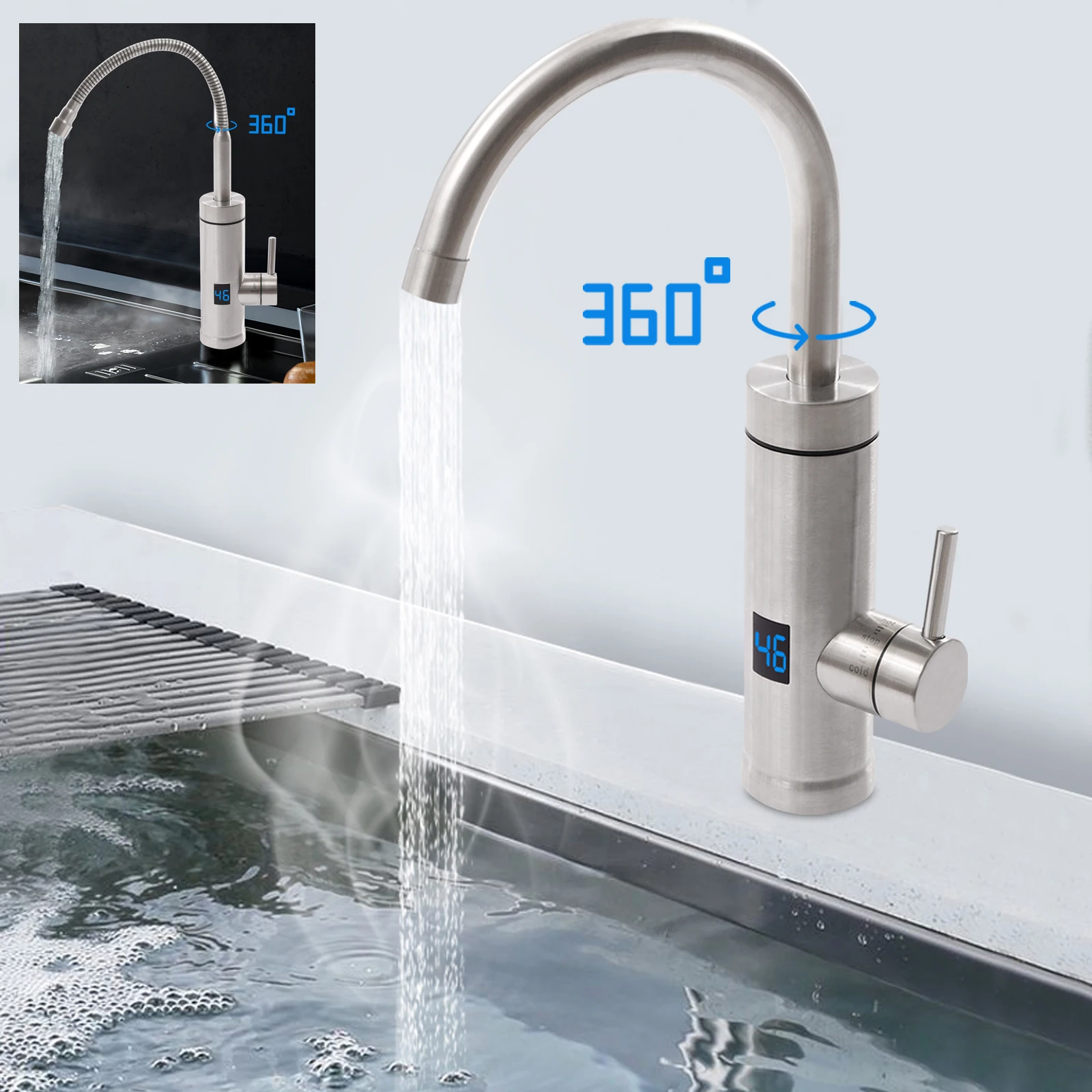 Electric Stainless Steel Faucet 3000W, Instant Water Heater 360° Rotate W/ LED Digital Display Screen for Kitchen, Bathroom