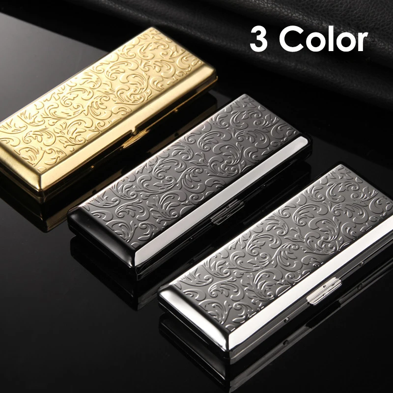 Portable Metal Slim Cigarettes Case for 10-14pcs Female Embossed Cigarettes Smoke Case Box Smoking Accessories 3 Color