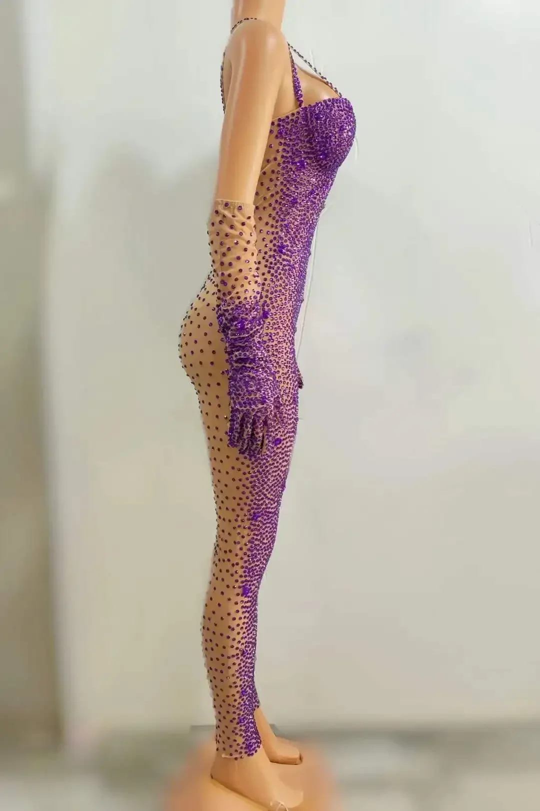 Sling Full Rhinestone Jumpsuits With Gloves For Women Luxury Bodysuits Singer Dancer Charming Glitter Stage Wear Photography
