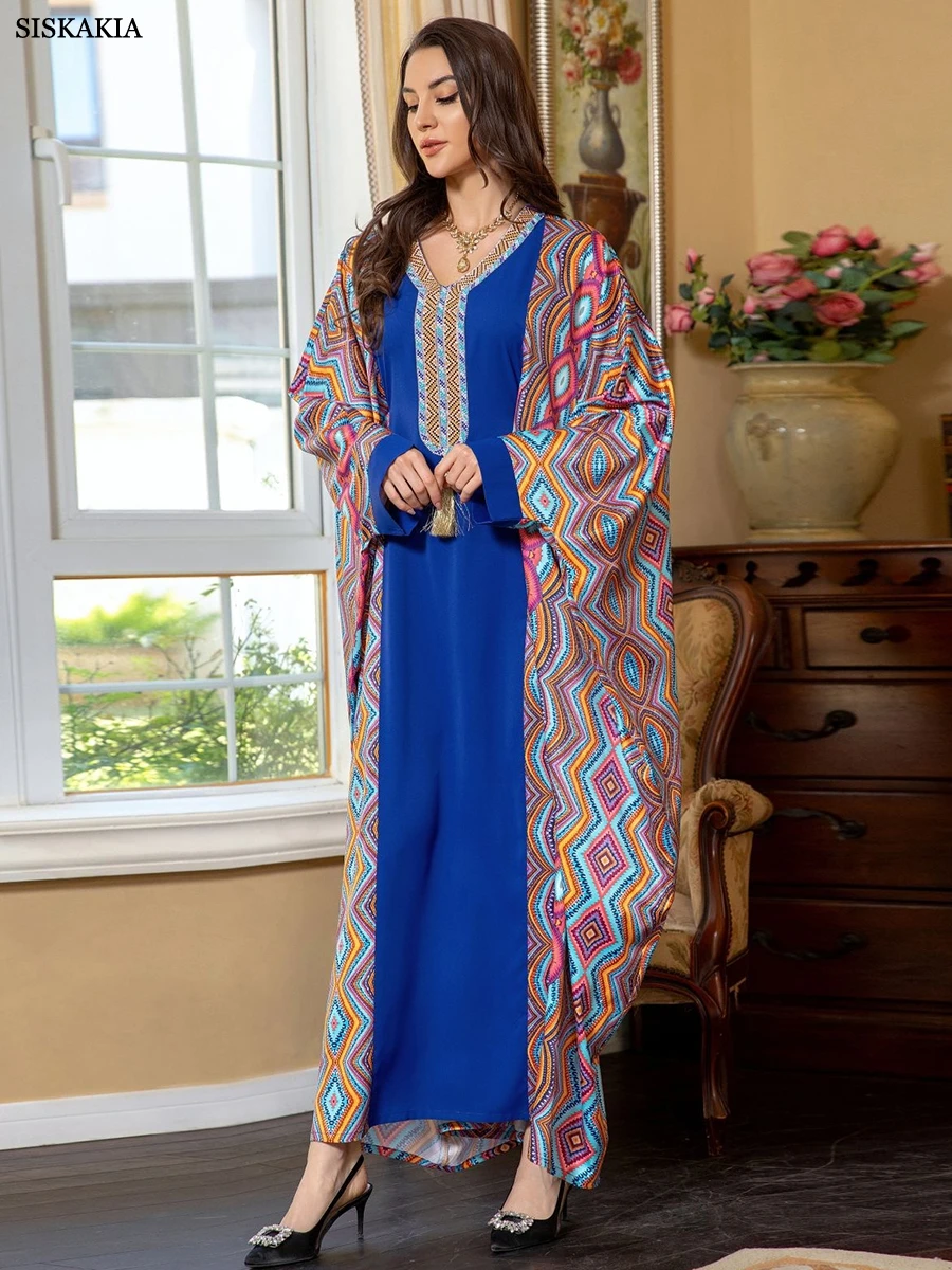 Siskakia Batwing Sleeve Contrast Color Casual Abayas Muslim Ramadan Women Dresses Moroccan Saudi Kaftan Arab Robe Islam Clothing