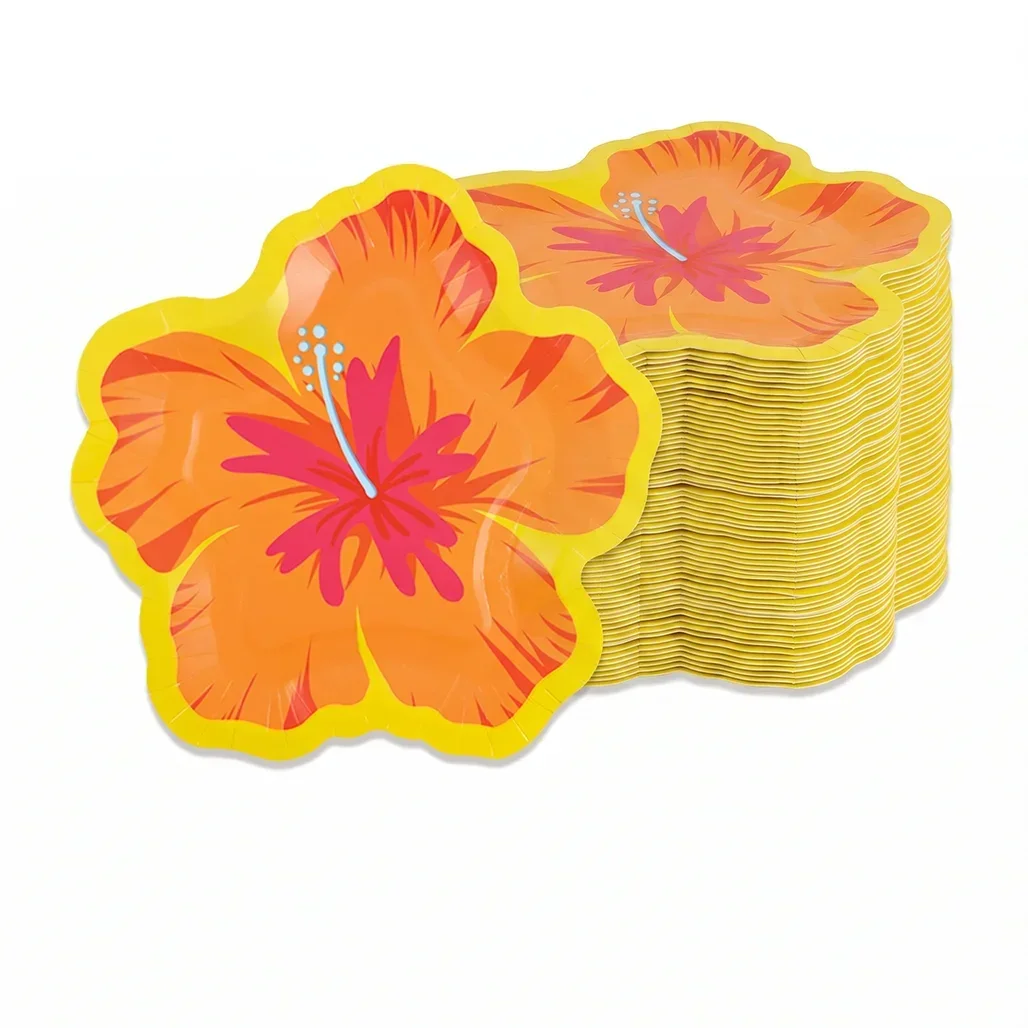 Hibiskusblütenförmige Pappteller, hawaiianische Luau-Partyartikel, tropisches Partygeschirr, Einweg-Dessertgeschirr für Sommergeburtstage – Detail 6