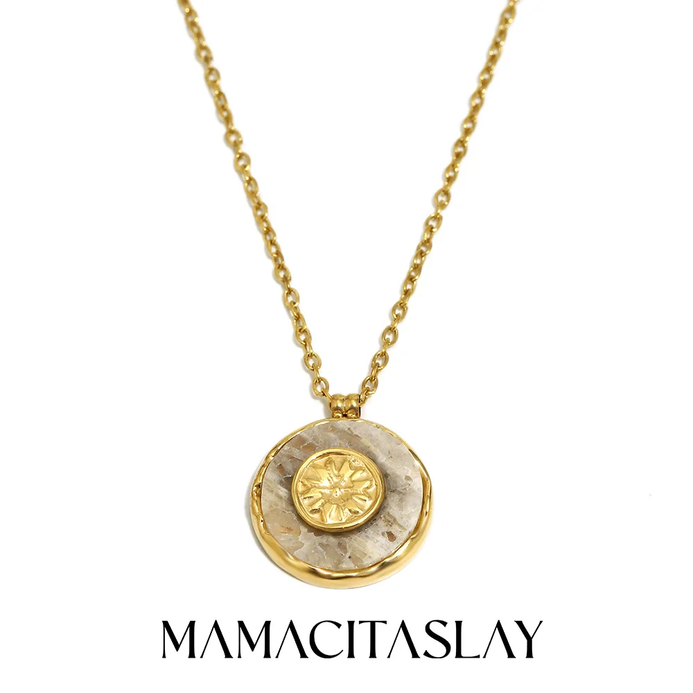 MamacitaSlay 316L Edelstahl Marmor Runde Sonnen-Halskette 18K Vergoldet Wasserfester Schmuck Minimalistische Retro-Halskette für Damen