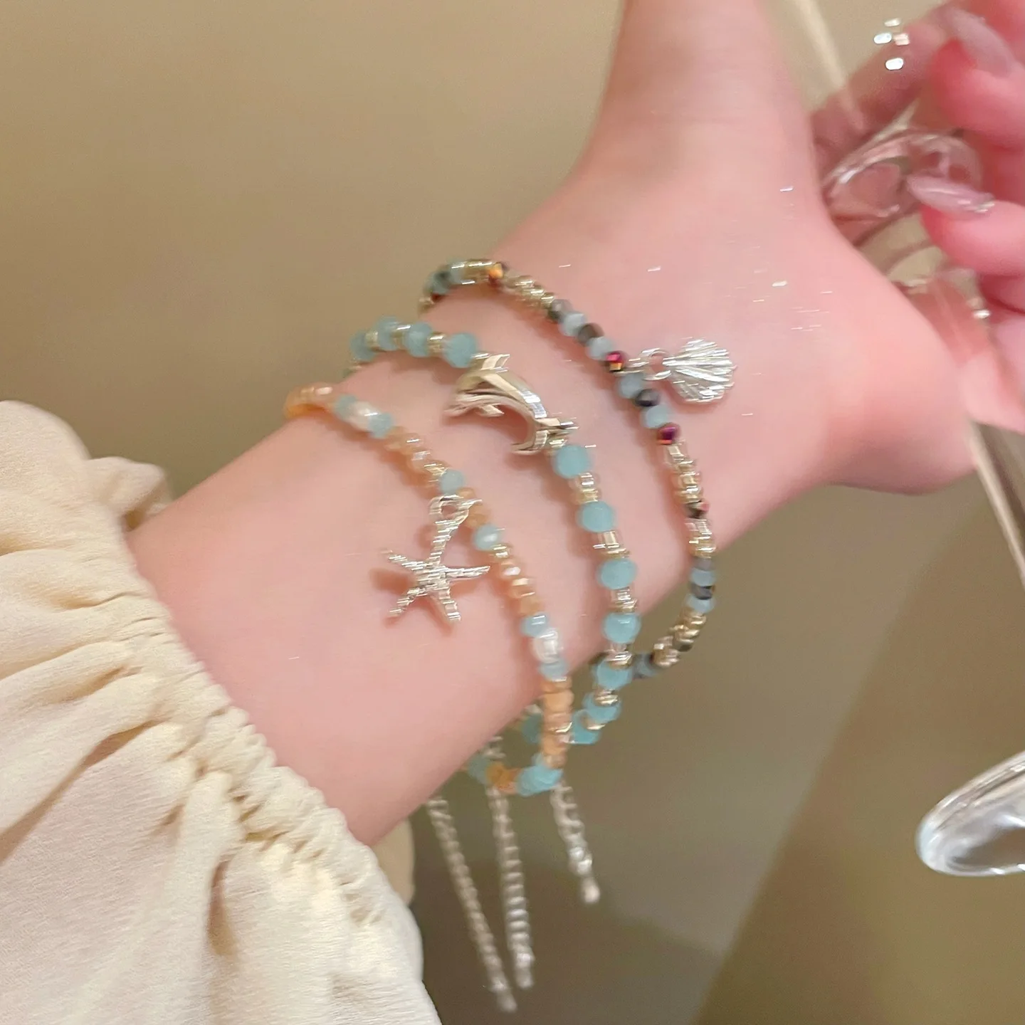 Bracelet Starfish Shell Blue Beads Resort Style Stackable Summer Chic Elegant Durable Lightweight Premium Comfortable