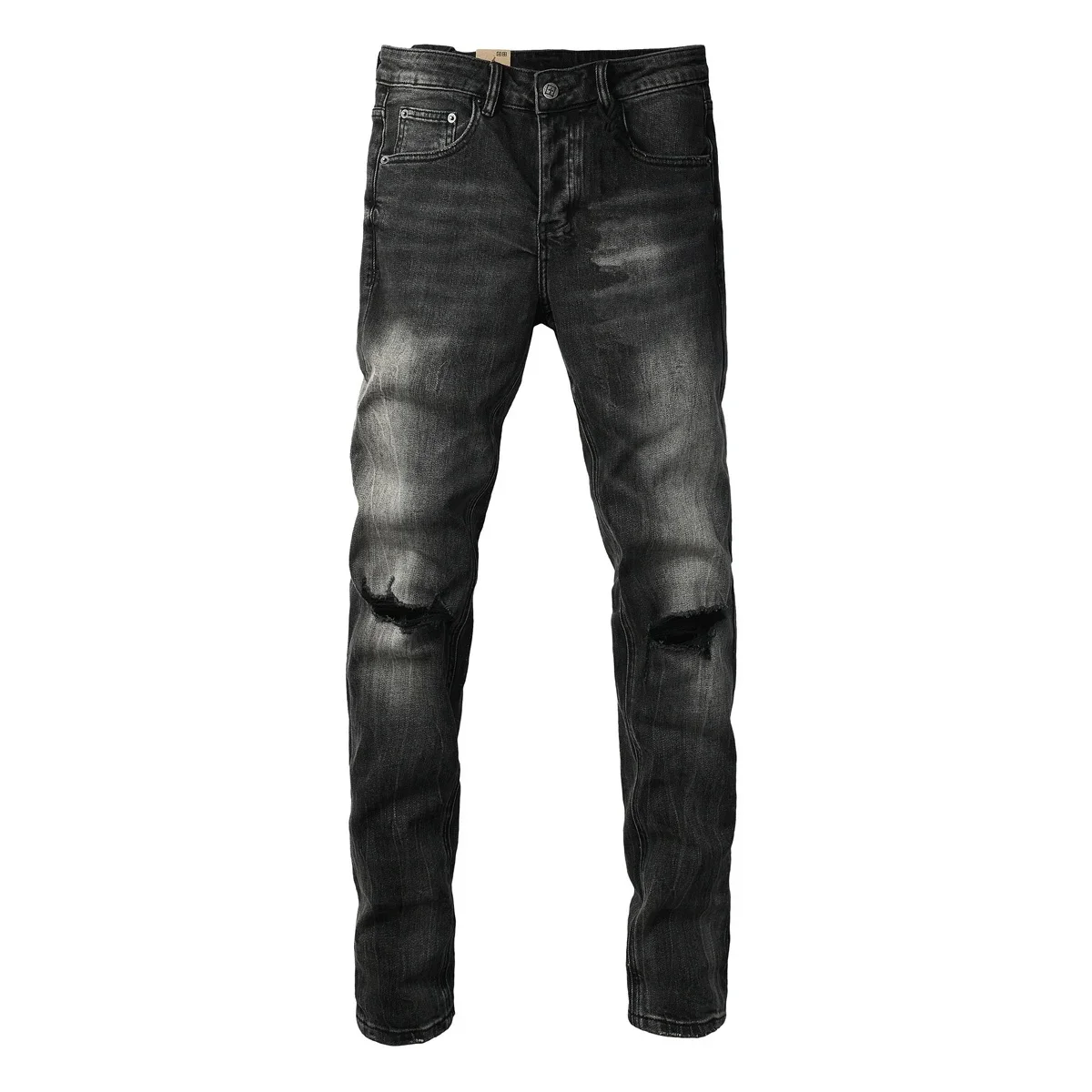 High Quality American Men's High Street Distressed Black Ash Gray Stretch Skinny Button Fly Ripped Jeans Pants