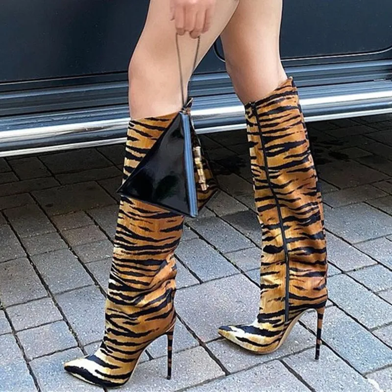 New Autumn/Winter Women's Tiger Print Knee High Boots Stiletto Heel Pointed Toe - Fashionable and Sexy Side Zipper Long Boots