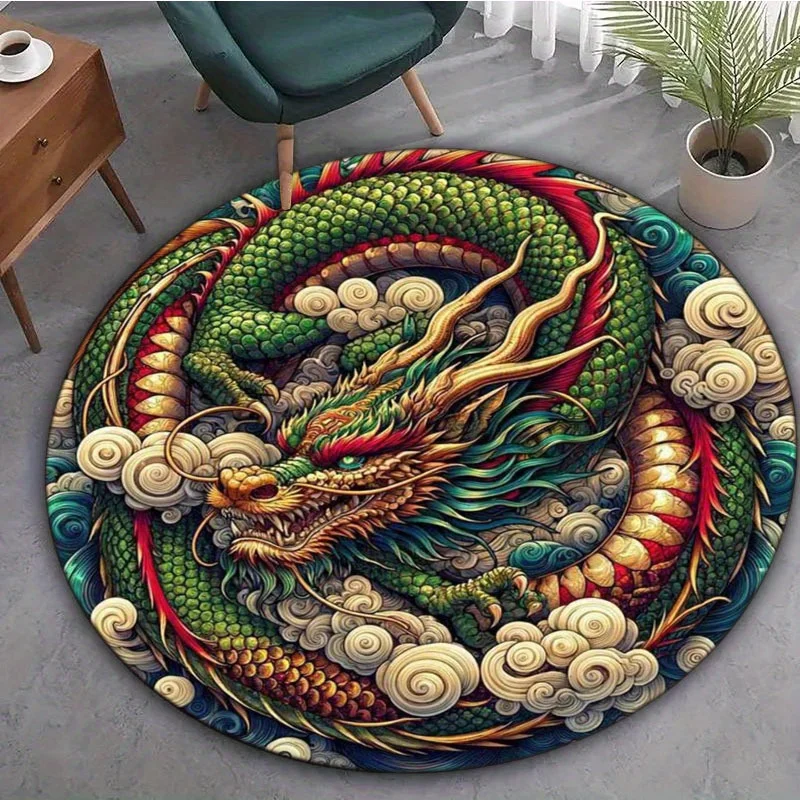 Tapis rond dragon mystique, tapis décoratif en polyester pour bureau, salon, chambre à coucher, yoga, balcon, voyage, tapis lavable