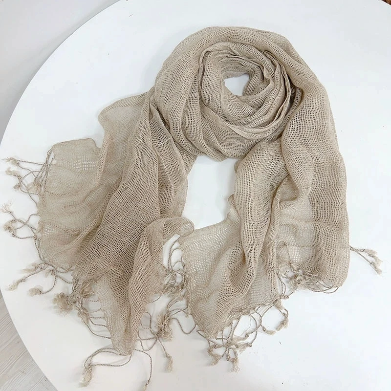 

Винтажный 100% льняной шарф, женский льняной шарф, натуральный цвет, оригинальный стиль, полый длинный текстурный шарф для женщин и мужчин