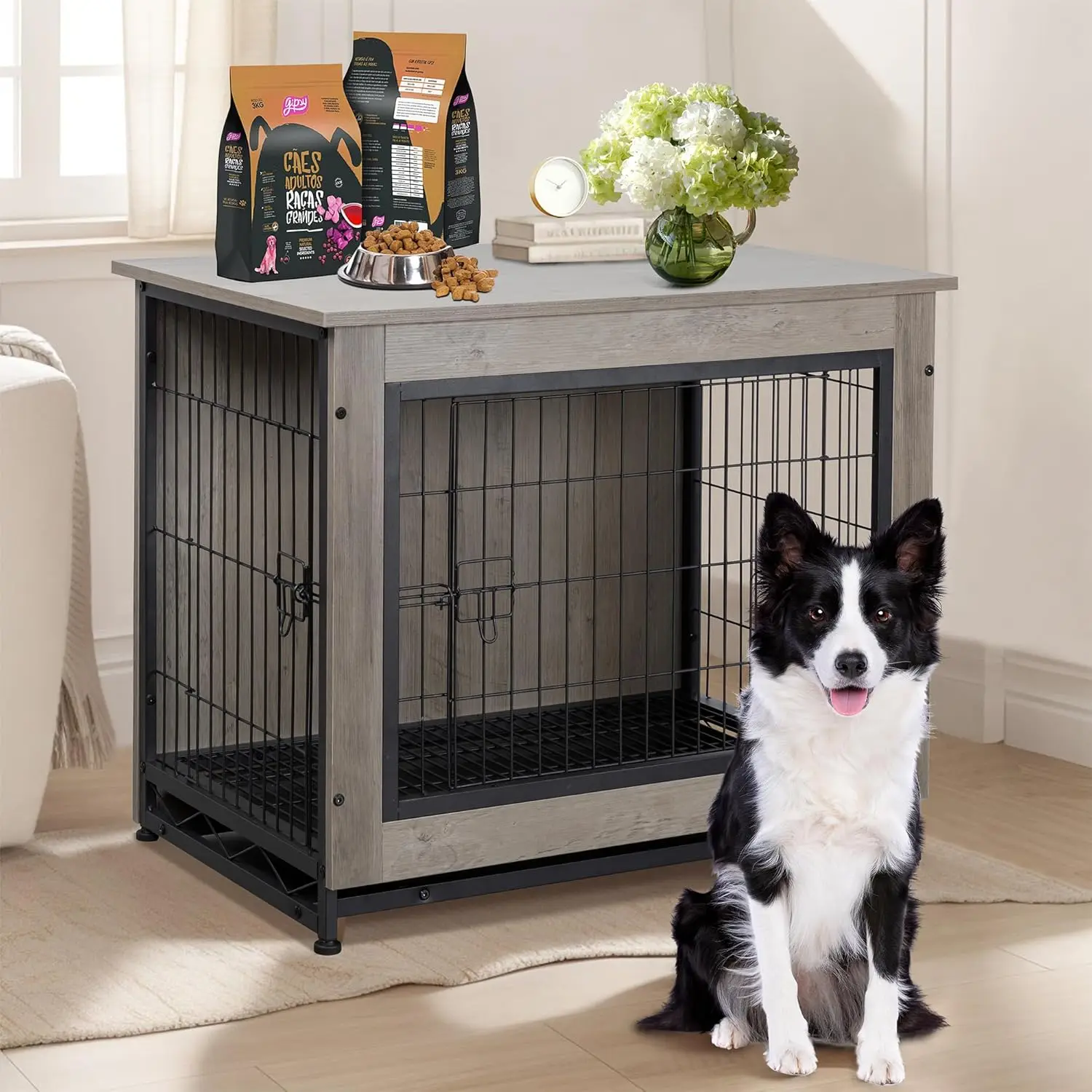 Wooden Dog Crate Furniture for Large Dog, L Double-Door Kennel Indoor with Removable Tray,