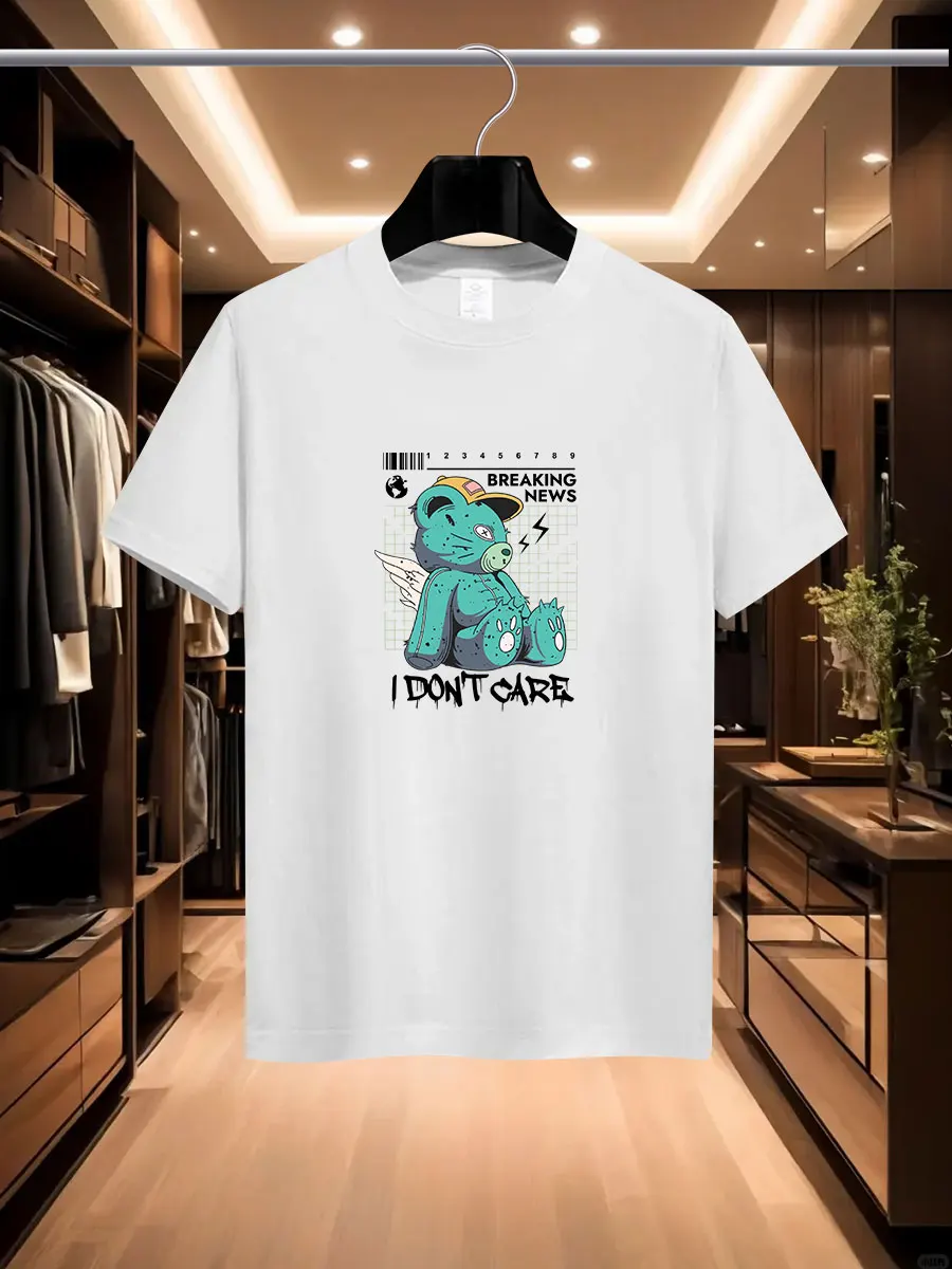 

2025 Summer Men's Luxurious and fashionable cartoon Bear brand printed T-shirt, pure cotton round neck, casual and trendy Y2K