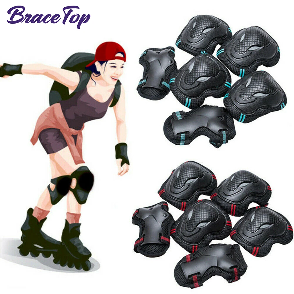 BraceTop 6 개/대 청소년 및 성인 무릎 패드 팔꿈치 패드 손목 보호대 롤러 스케이트 스케이트 보드 사이클링 스포츠 용 보호 장비