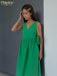 Clacive Summer V-Neck Green Women'S Dress 2022 Casual Loose Sleeveless Office Midi Dresses Elegant Classic Ruched Female Dress