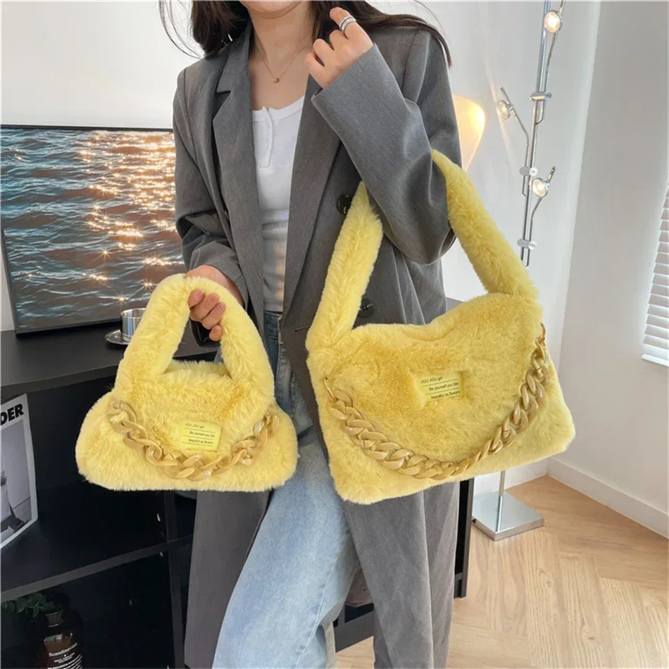 Fashion Chain Women's Faux Fur Totes Warm Furry Plush Shoulder Bags 2 Size Purse and Handbags Luxury Brand Winter Top-handle Bag