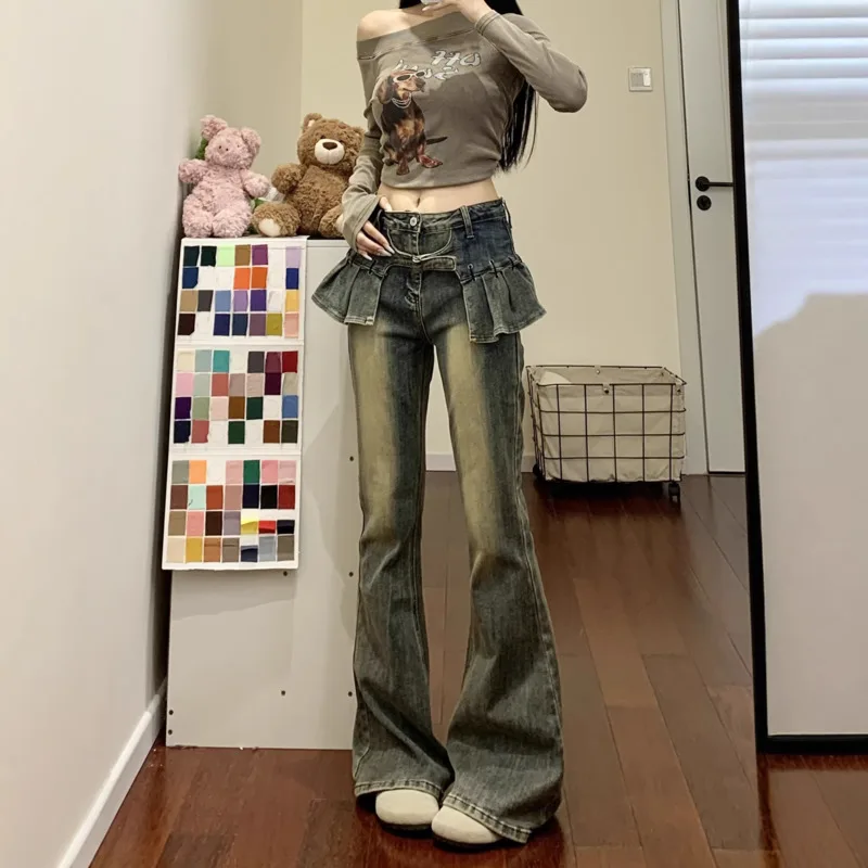 Denim Pants Jeans High Waist Flare Jeans Girl Faux Two Piece Ruffle Skirt Overlay Y2K Streetwear, Slim Fit Wide Leg Trousers New
