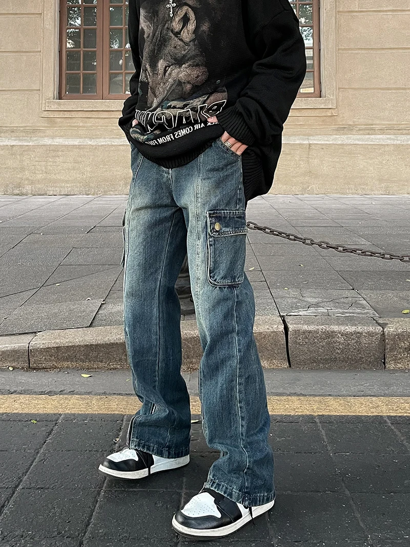

Джинсы в американском ретро-стиле High Street, свободные, прямого кроя, слегка расклешенные, длинные брюки для мужчин и женщин с разрезами и карманами
