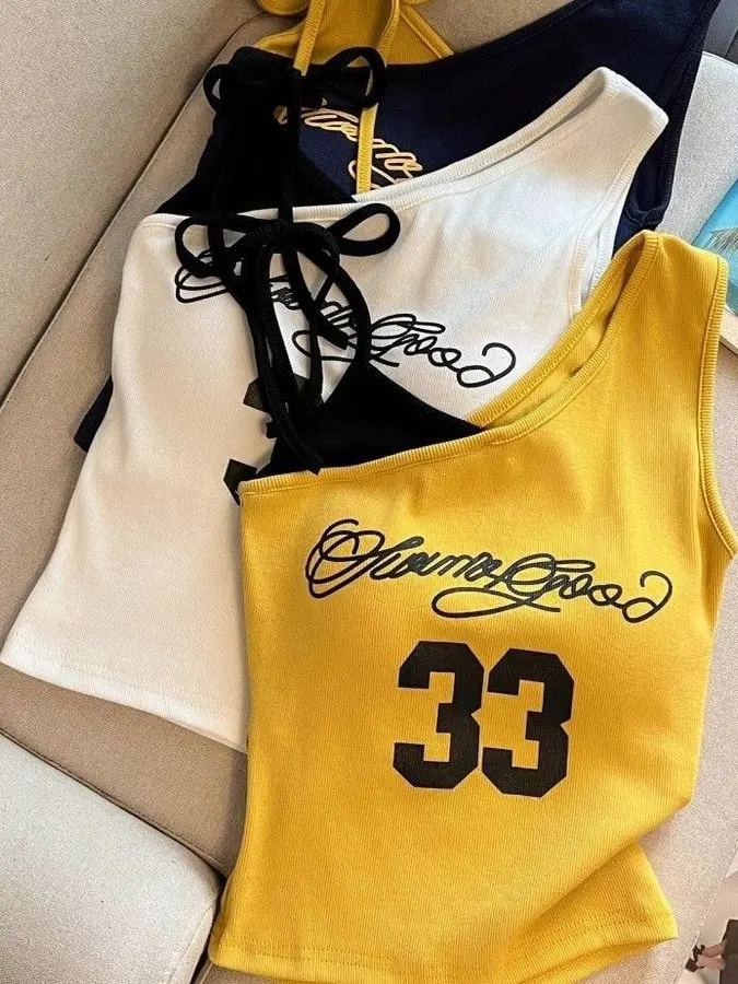 Summer New Style Women's Tank Top with Chest Pad Letter Design Strap Vest Belted Retro Spicy Base Shirt City Walk Breathable ...
