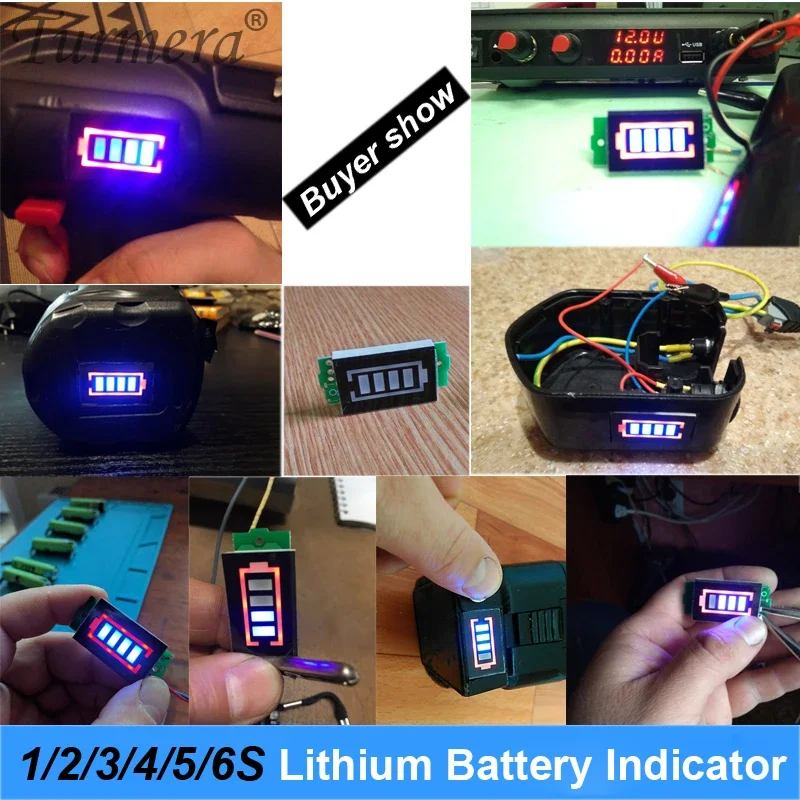 Turmera Lithium and Lifepo4 Battery Indicator LED Display 4.2V 8.4V 14.4V 18V 21V 25V 12V 24V 36V 48V for Screwdriver Drills Use