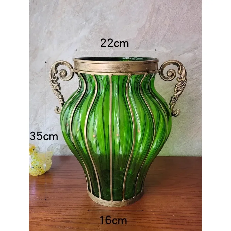 Glass vase ornaments, living room large flower arrangement, European retro green, hydroponic flowers few American light luxury