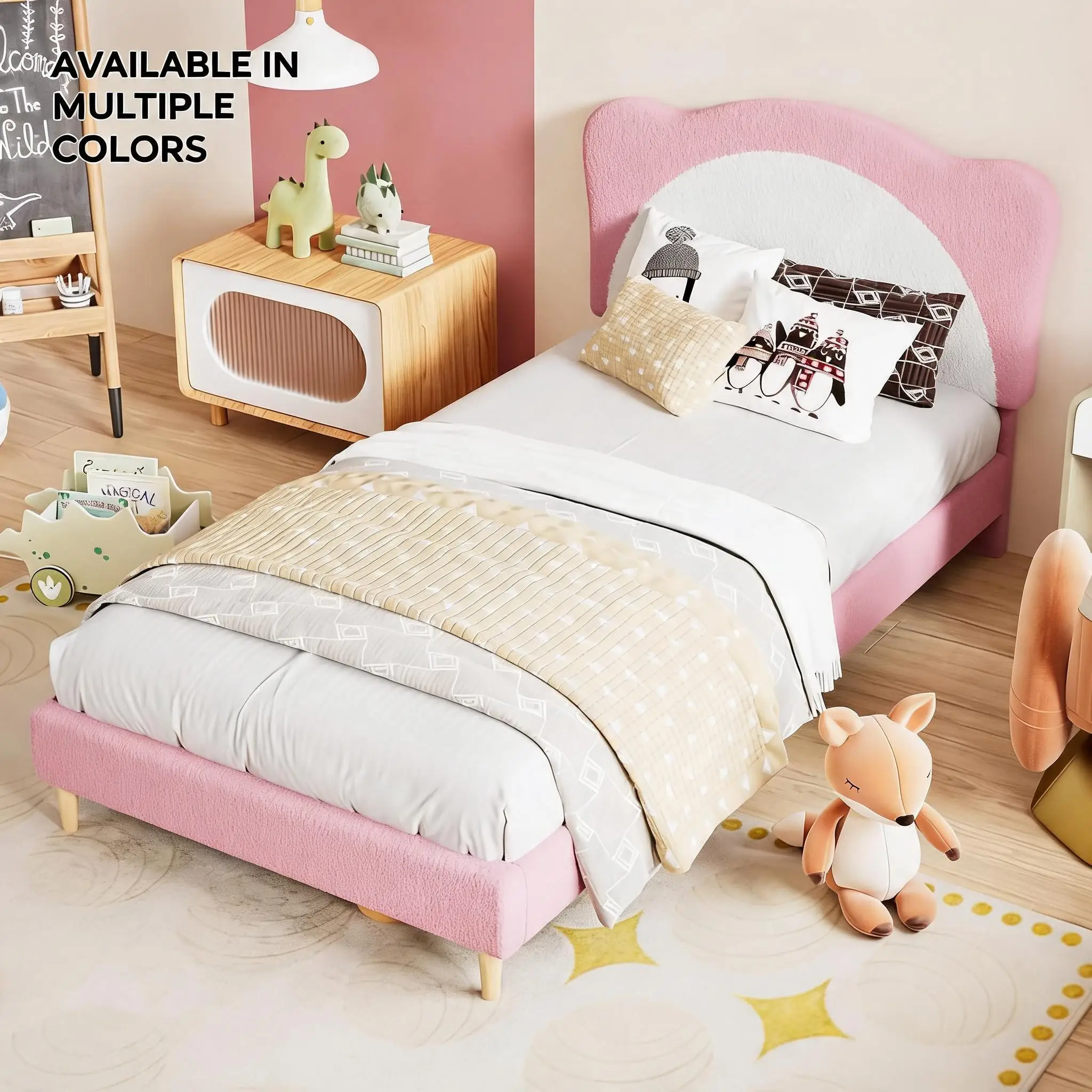 Twin Size Kids Upholstered Platform Bed Frame, Panda Tufted Princess Headboard, Velvet & Berber Fleece Upholstery, Solid Wood Slats, Noise-Free Base, No Box Spring Required for Girls Boys Bedroom