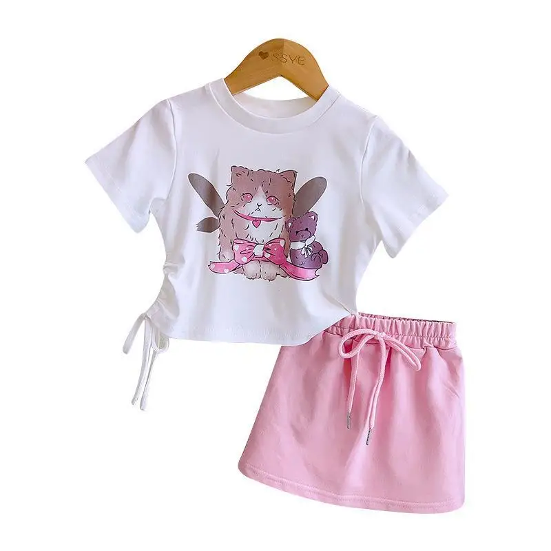 Girls' Summer Suit2024New Western Style Short Sleeve Skirt Top and Skirt Children Two-Piece Set-WSNY