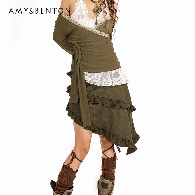 

European American Design Suede Women's Skirts Autumn Vintage Irregular Slanted Hem Sweet Cool Sexy Hot Girl A-Line Skirt Ladies