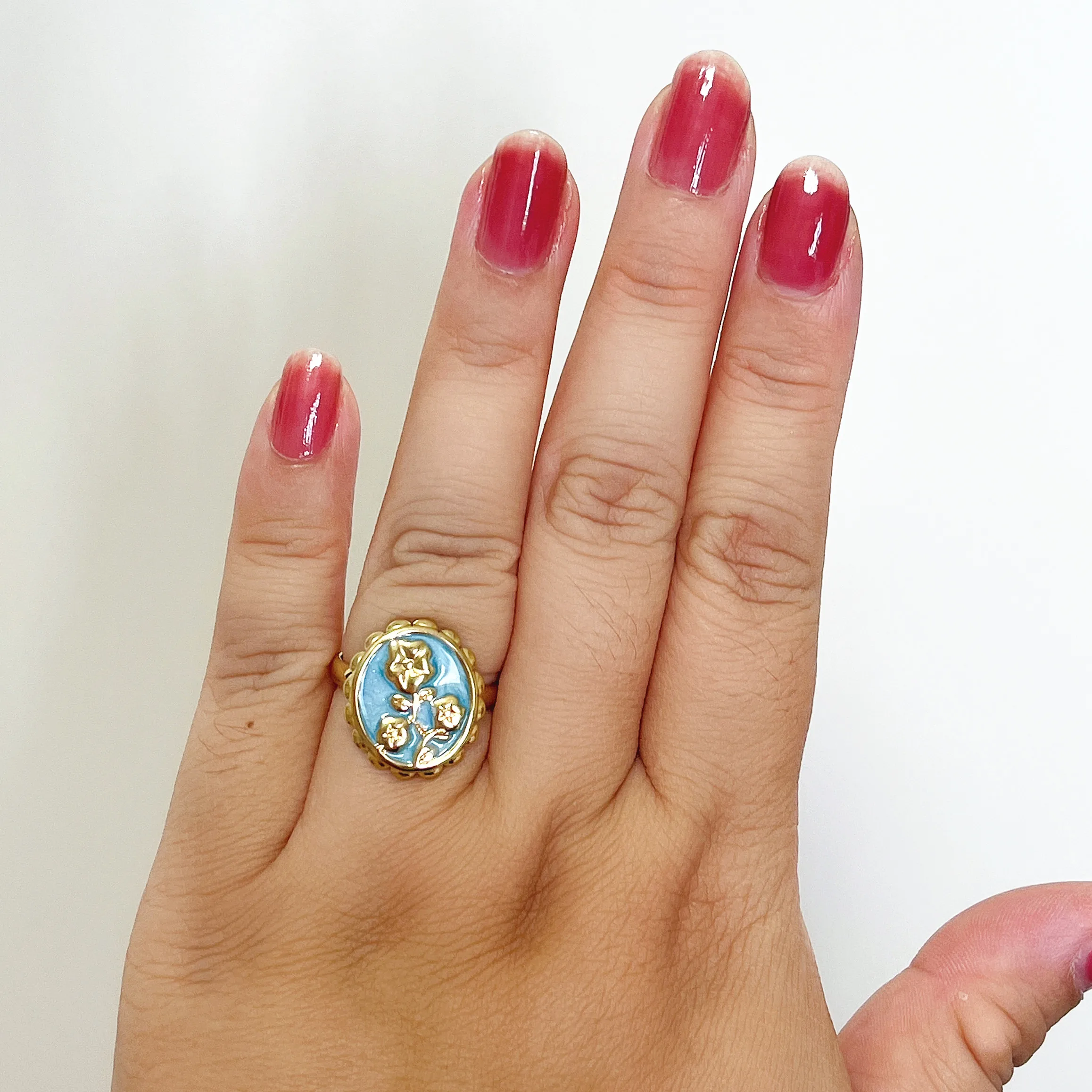 25 قطعة/الوحدة الرجعية البيضاوي الأزرق النفط بالتنقيط الفولاذ المقاوم للصدأ حلقة مفتوحة للنساء-نغمتين النفط روز المحكمة نمط مجوهرات اكسسوارات #3