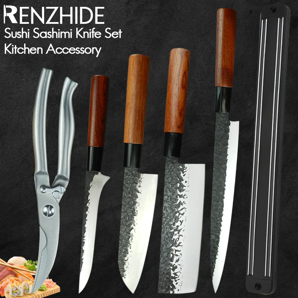 

RZD Cooking Chef Knives Set Forged Steel Sushi Sashimi Kitchen Japanese Style Knife Wall Holder Chicken Bone Scissor Shears