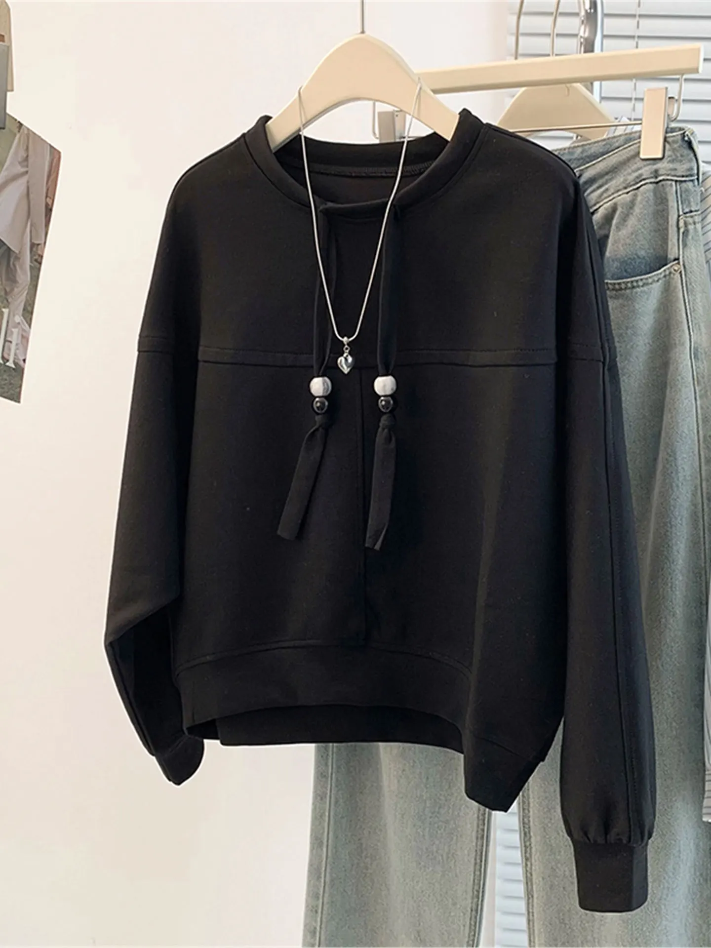 

Ele Bla Long Sve свитшот женский простой топ с бисером большие размеры осень зима модная повседневная удобная уличная одежда