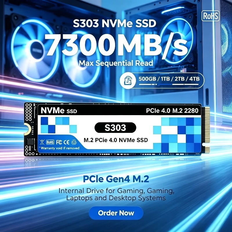 S303 500GB-4TB PCIe Gen4 NVMe M.2 SSD, 7300MB/s maximale sequenzielle Lesegeschwindigkeit, internes Laufwerk für Desktop-Systeme und Laptops.
