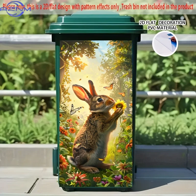 Rabbit with Sunflower Self-Adhesive Dustbin Sticker, Durable, Removable, PVC Decorative Sticker, Wheelie Bin Sticker,  Suitabl