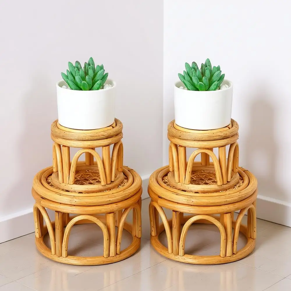

4 Pcs Rattan Plant Stand Woven Wicker Round Riser Stand Indoor Rustic Circle Plant Pedestal Accent Centerpiece or Home Kitchen O
