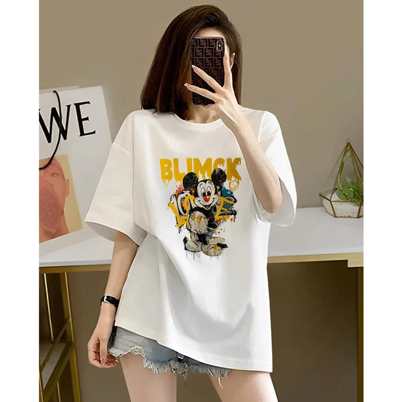 Disney Mickey Mouse T-shirt Women's Summer New Short-sleeved Slimming Cartoon Kawaii Tops Cute Cotton Googfy Clothing Printed