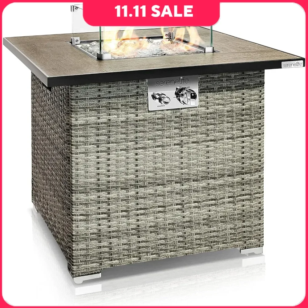 Outdoor Propane Fire, Weatherproof Square Wicker Propane Gas Fire Table W/Tile Tabletop Adjustable Flame, Fire Pits