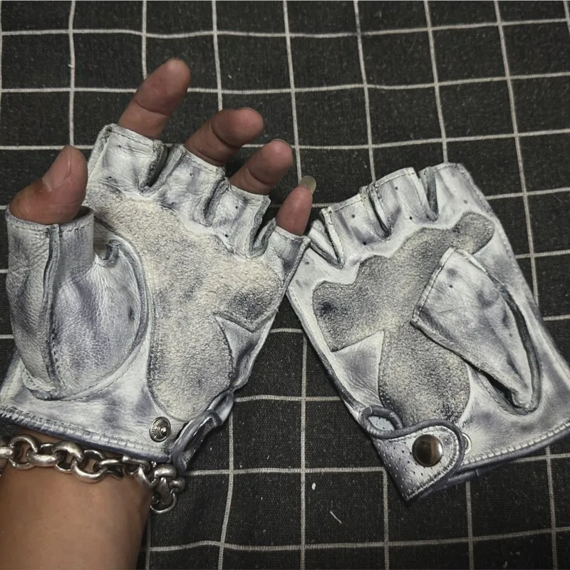Waste Soil Style Hand-Made Finger-Exposed Cowhide Vintage Distressed Gloves Summer Breathable Non-Slip Leather Motorcycle Riding