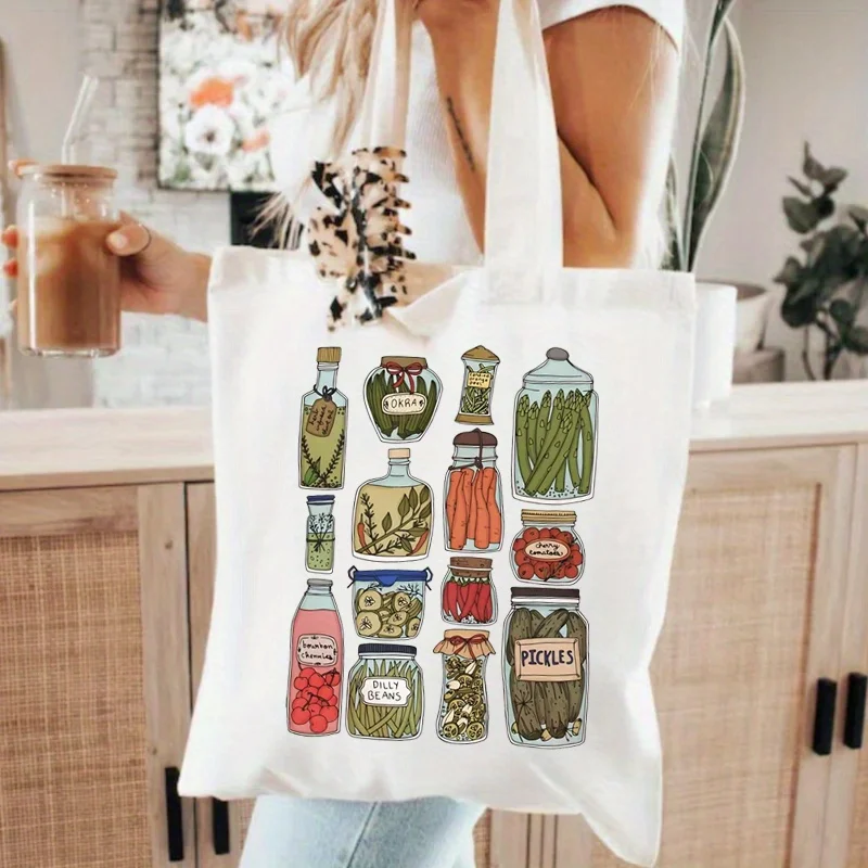 A Vintage Pickles pattern print canvas tote bag, suitable for daily use, shopping, school, and travel