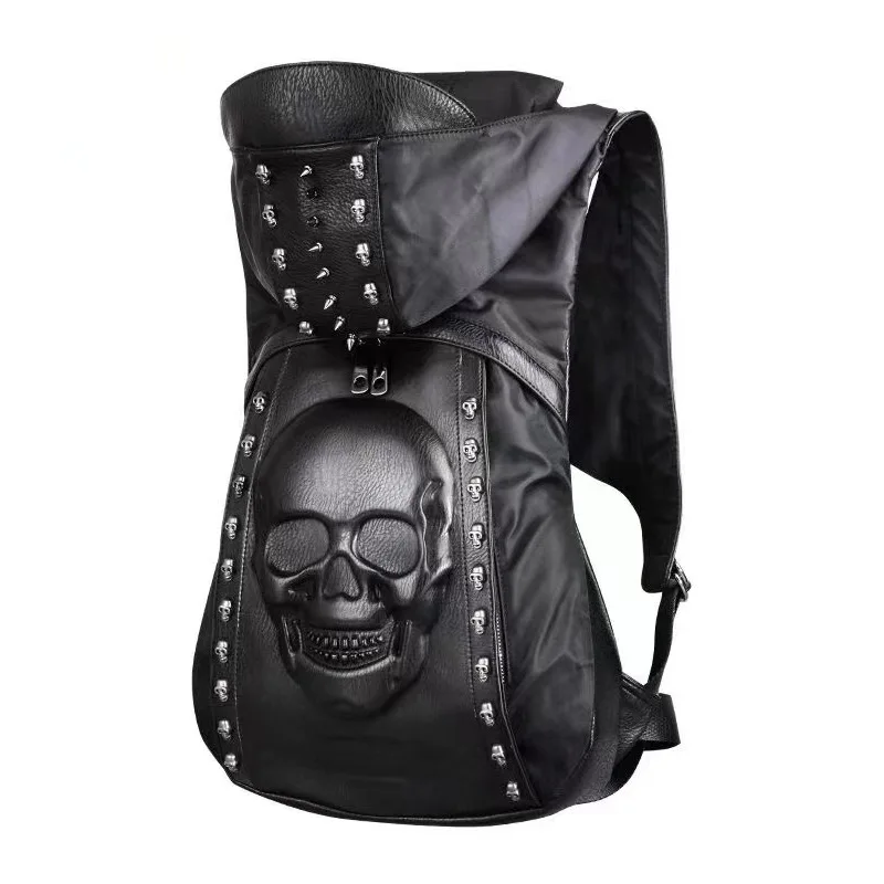 Personality 3D Skull Leather Backpack Rivets Skull Backpack with Hood Cap Apparel Bag Cross Bags Backpacks Women  Ita Bag