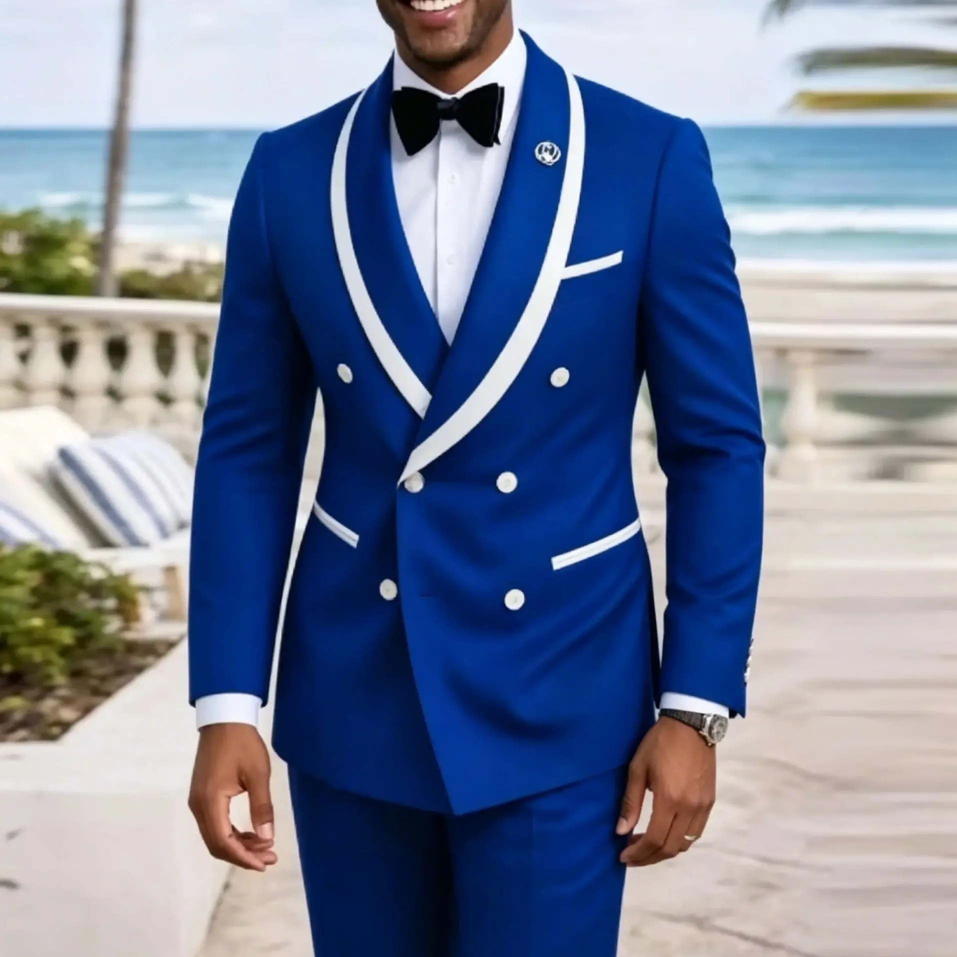 

New White And Blue Business Men Suit Wedding Party Prom Groom Groomsman Formal Occasions Tuxedos 2 Piece Set Blazer Pants