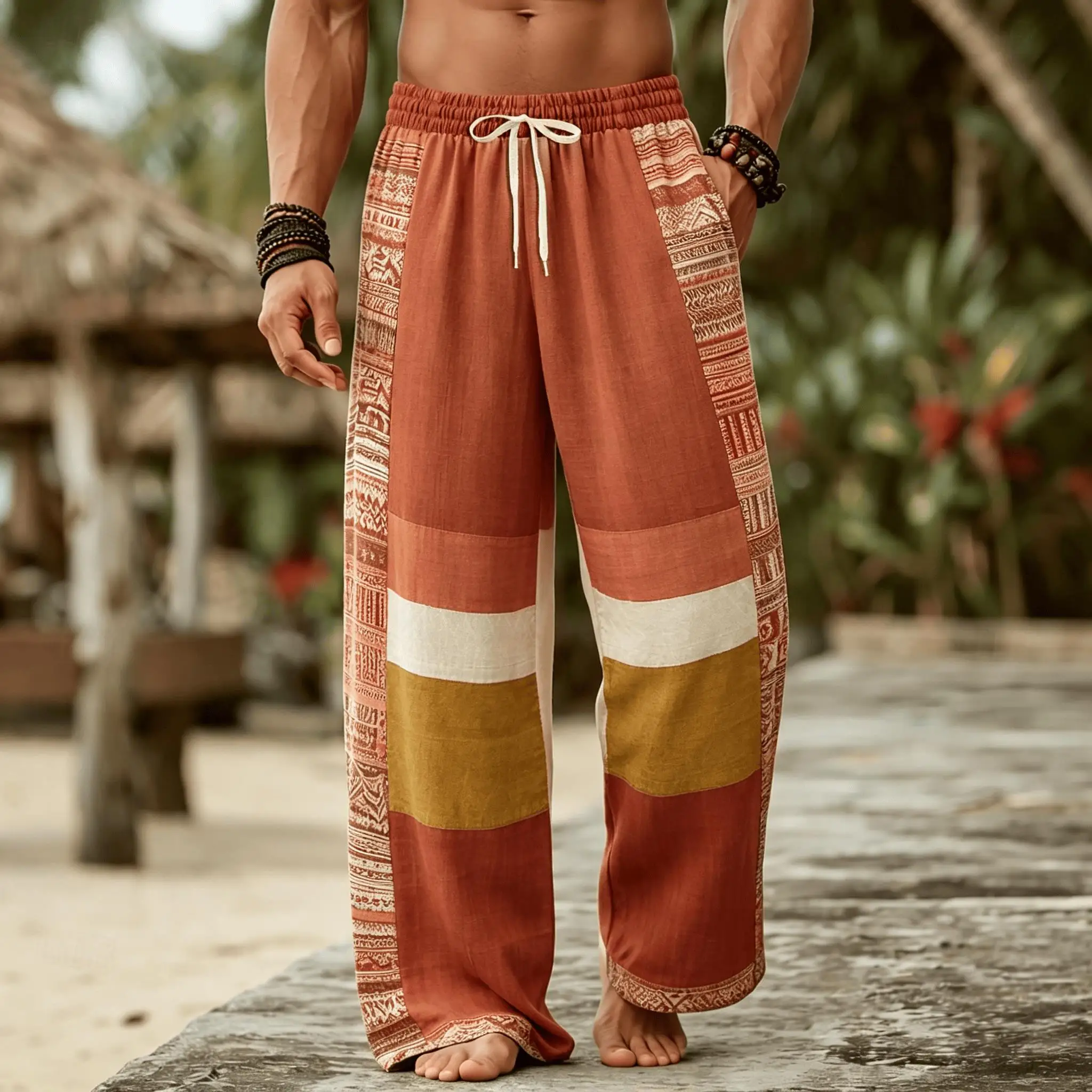 

Men's Ethnic Print Tribal Patchwork Drawstring Pants, Boho Color Block Casual Trousers for Spring & Summer