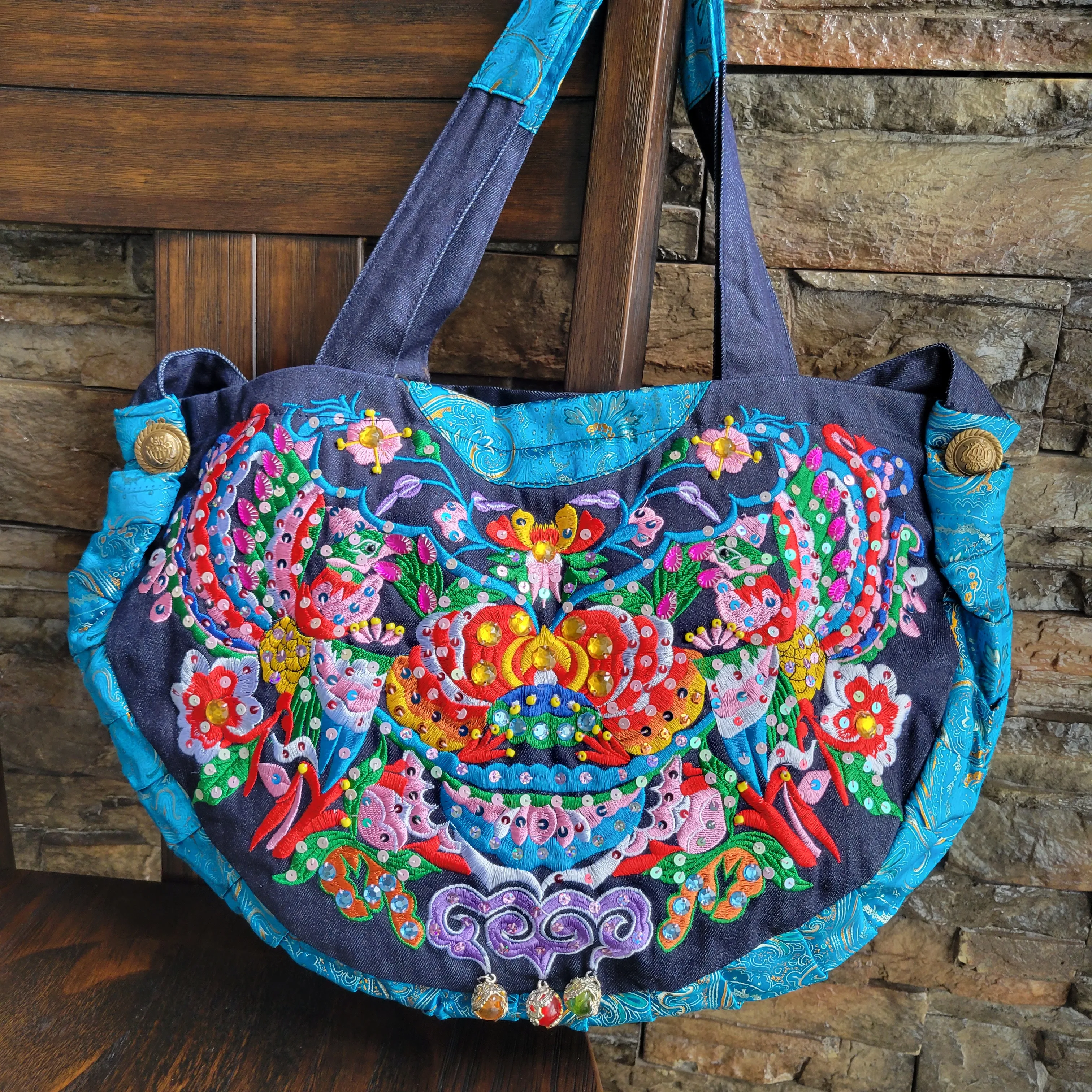 Denim women bag Ethnic embroidery bags Fashion circular patchwork canvas bag Handmade sequins bags floral shoulder bags