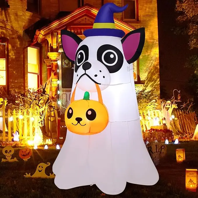Chien gonflable d'halloween de 5 pieds, décoration extérieure, fantôme de chiot mignon avec LED citrouille pour fête dans le jardin