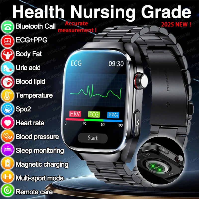 

2025 New ECG+PPG AI Laser Diagnosis Smart Watch Uric Acid Blood Fat Blood Pressure Body Analysis Health Sports Call Watches Men